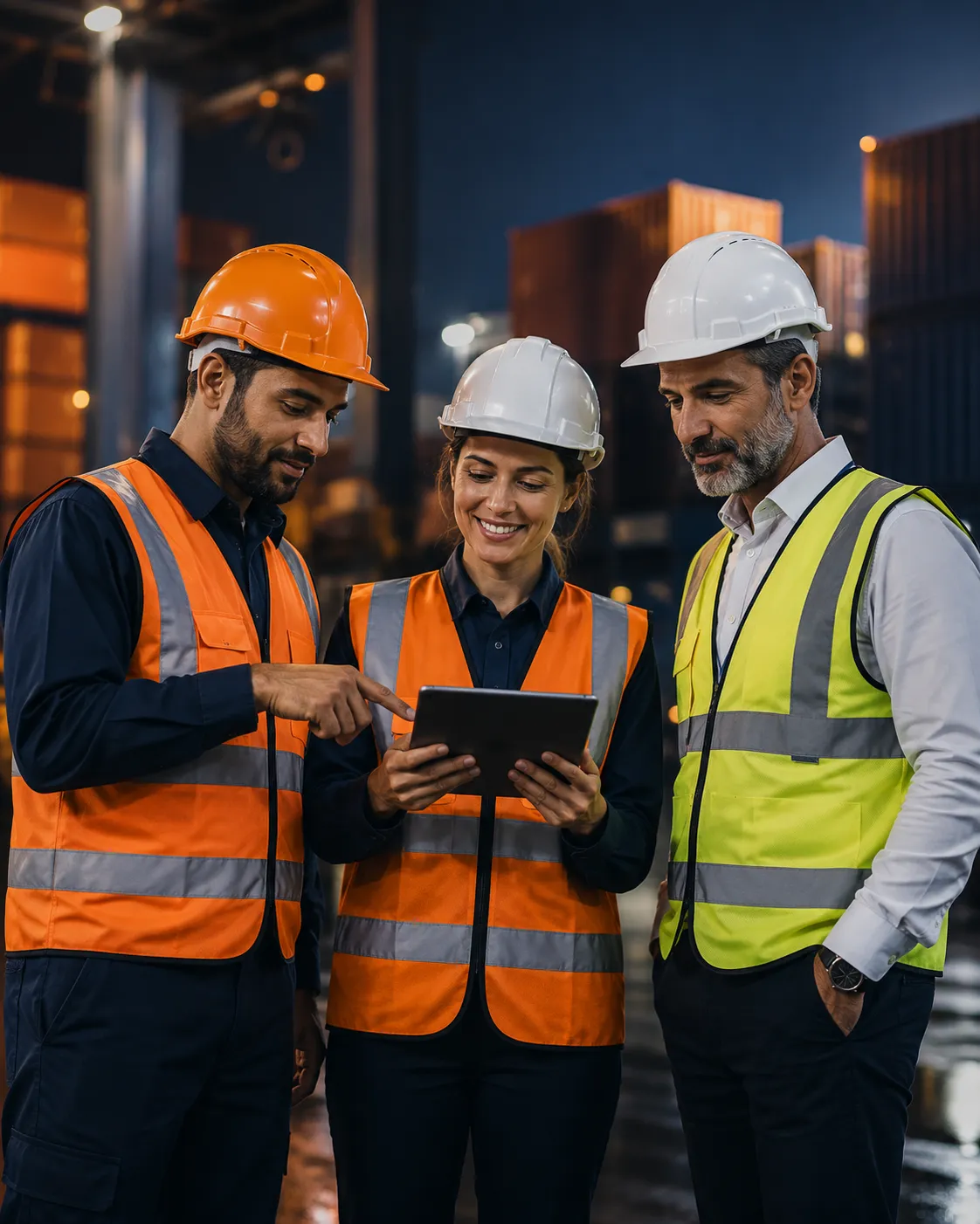 Profissionais de segurança do trabalho em ambiente industrial e logístico